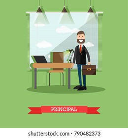 Illustration Of Headmaster Male At His Office. School Principal Concept Design Element In Flat Style.