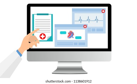 Illustration Of Healthcare On Internet Of Think Technology Trend. Doctor's Hands Pointing Computer Screen For Digital Heath Concept.