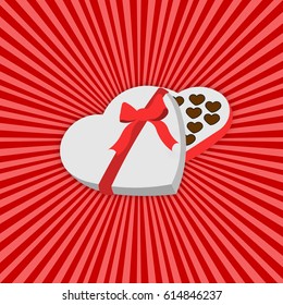 ILLUSTRATION OF HEART SHAPED CHOCOLATE BOX AND CHOCOLATES WITH RED RIBBON