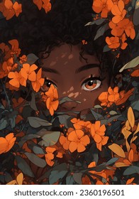 Illustration. Hiding In the Flowers. Anime inspired artwork. Digital illustration, Photoshop. Girl Hiding in flower bed. 