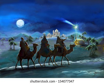 The illustration of the holy family and three kings -  traditional scene - illustration for the children