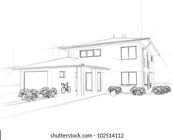 3d rendering sketch of modern cozy house by the river with garage for sale  or rent. Black line sketch with soft light shadows on white background  Stock Photo - Alamy