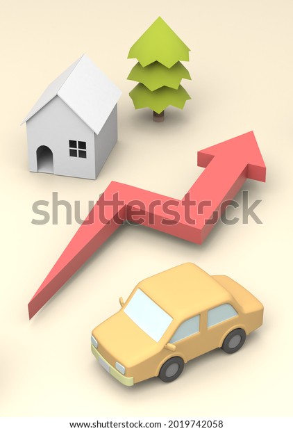 Illustration of house, car and arrow, real\
estate image, 3DCG,\
rendering