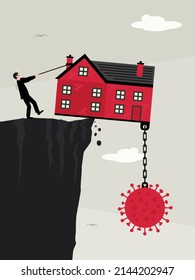 An Illustration Of A House Precareously Balanced On A Cliff Edge With A Corona Virus Shaped Ball And Chain Attached. A Metaphor On The Pandemic's Impact On The Property Market.