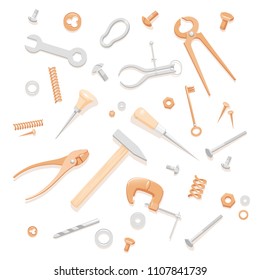 Illustration Of Household Tools. Tools Composition For Banner. Pattern With Tools For A Logotype. Handyman’s Tools For A Business Card. Contents Of A Tool Box For A Master Class Flyer.