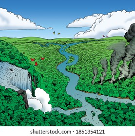 Illustration of a huge rainforest landscape with large waterfall and smoke columns, in comics style. Hand drawn and digital colorization. - Powered by Shutterstock