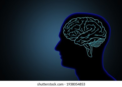 Illustration human brain concept in silhouette black head on dark blue background