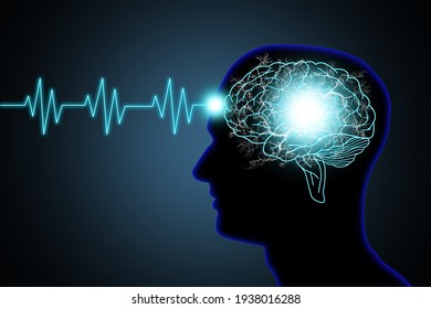 Illustration human brain and nerve or blood vessel concept in head and pulse line neon light effect on dark blue background