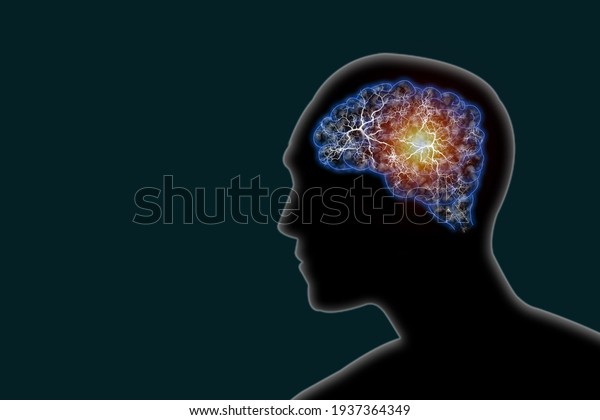 Illustration human brain and nerve or blood
vessel concept in head on dark green
background,