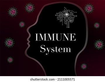 illustration of a human and the immune system working as an electronic system that has a signal from the brain, antibodies, self-defense, health