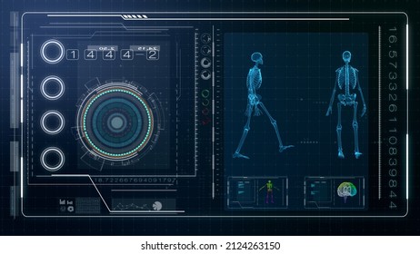 Illustration Human Skeleton Walking With Futuristic User Interface Design