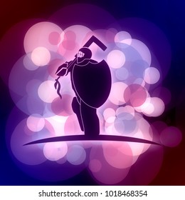 An Illustration Of Ice Hockey Goalie With Knight Shield. Sport Equipment Or Club Emblem. Neon Bulb Illumination. Abstract Bokeh Lights