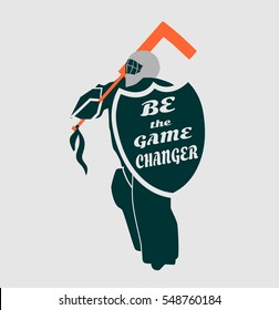  Illustration Of Ice Hockey Goalie With Knight Shield. Be The Game Changer Motto. Sport Metaphor. Sport Relative Quote