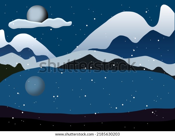 illustration of an iceberg at night. the moon and\
its reflection in the lake\
water