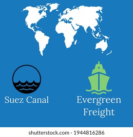 Illustration Icon Of Deep Sea And Shipment Cargo.Concept Of Suez Canal Stuck For Almost A Week Evergreen Freight Stuck In The Middle Of The Suez Canal.