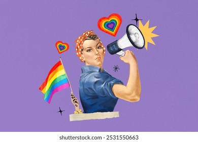 Illustration of an iconic person with a megaphone and rainbow flag, symbolizing empowerment and pride. The image features vibrant colors and a strong, confident pose on purple background. - Powered by Shutterstock