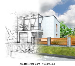 Illustration of an idea and implementation of house construction