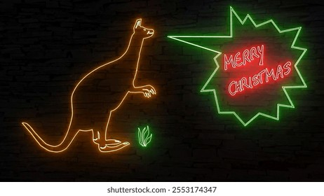 illustration of illuminated retro neon signs MERRY CHRISTMAS and kangaroo on dark brick wall background eye catching and sweet holiday greetings for family and friends, perfect for Australia! - Powered by Shutterstock