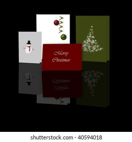 Illustration Of Illustrated Christmas Cards Displayed On A Reflective Black Surface.