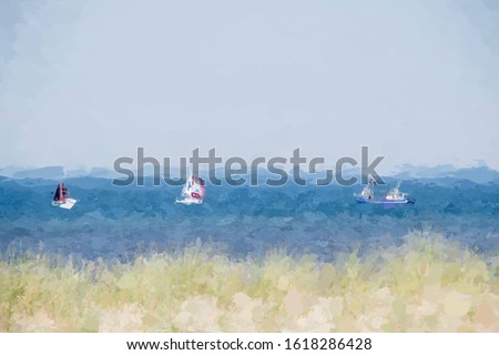 Illustration image of boats sailing on the sea in summer converted to oil painting picture style, Watercolor painting of beautiful nature landscape background.