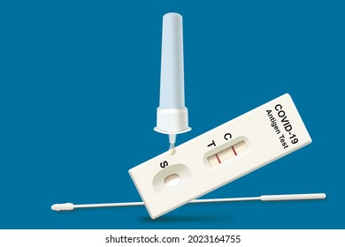 Illustration image of Corona virus, NCoV or COVID-19 Antigen rapid screening test or ATK set with red line positive cassette, buffer dropper and swab stick, for self detection of infection