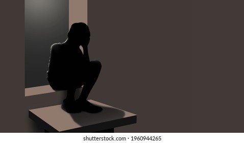 Illustration Image Of Depressive Disorder Children Or Sad Boy Shadow That Serious Thinking About Bully And Fear At A Window