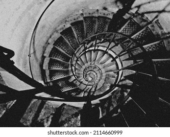 An illustration of an image Looking down a spiral staircase. The original image was converted to a water color painting in post production.                             