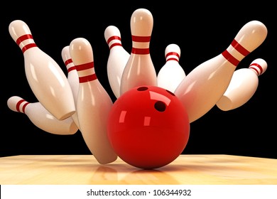 illustration of image of scattered skittle and bowling ball on wooden floor