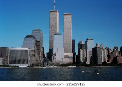 An Illustration Of An Image Of The Skyline Of New York City Taken From The Hudson River Before 911. The Original Image Was Converted To A Simulated Water Color Painting In Post Production.