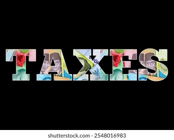 Illustration Indonesian Rupiah banknotes arranged in the shape of the word "TAXES" on isolated black background - Powered by Shutterstock