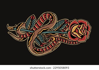 Illustration inspired by the tattoo art style snake wrapped around rose black background 