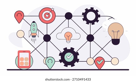 Illustration of interconnected tech elements symbolizing innovation, goal achievement, and digital workflow integration.