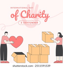 Illustration of International Day of Charity featuring people holding a heart and packing boxes. Perfect for promoting charitable events and causes. - Powered by Shutterstock