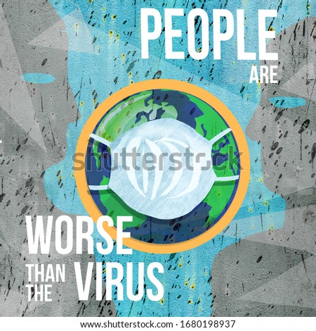 Illustration of the interrelation between a pandemics and an environmental disaster. Planet Earth in medical mask. Quarantine the planet.