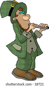 Illustration of an Irish Leprechaun playing a flute.