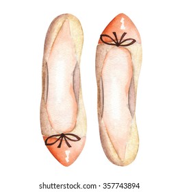 Illustration Isolated Brown Women's Ballet Shoes With A Bow. Painted Hand-drawn In A Watercolor On A White Background.