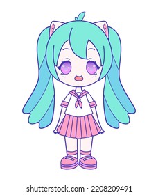 Illustration Of Isolated Cute Chibi Otaku, Harajuku Fashion Girl. Japanese Style Kawaii Anime Cartoon Character With Cat Ears, Blue Twin Tails. Wearing Pink Sailor Uniform.