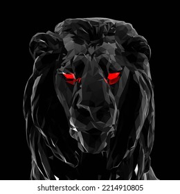 Illustration Of Isolated Scary Dark King Mature Black Judah Lion With Red Eyes And Cool Face On Black Background. 
Geometrical Graphic Metallic 3d Lion Art For Logo, Icon, Profile, And Emblem. 