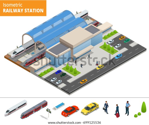 Illustration isometric infographic element\
Railway Station Building Terminal. City Train.  Building Facade\
public train station building with passenger trains, platform,\
related\
infrastructure