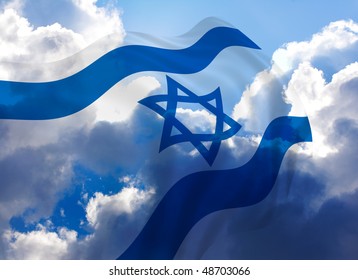 Illustration Of Israel Flag With Sky, Waving In The Wind