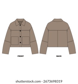 Illustration of a jacket with a collar and pockets, front and back views. Template for a basic brown windbreaker jacket.