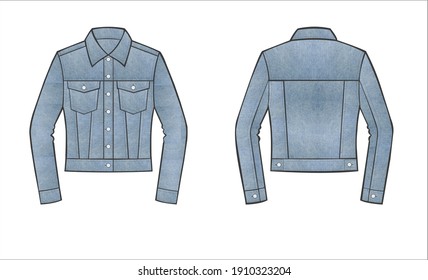 Illustration Of Jacket With Denim Fabric With Front And Back For Template.