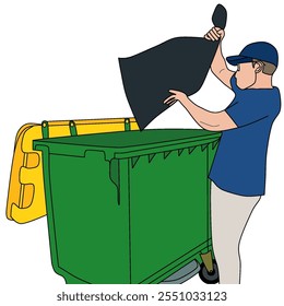 Illustration of a janitor throwing rubbish into a green trash can. This image illustrates the importance of keeping the environment clean. - Powered by Shutterstock