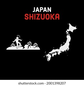 Illustration JAPAN SHIZUOKA With Japan Map And Landslide Icon On Black Background. There Was A Disaster In Shizuoka Prefecture.