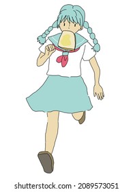 
Illustration Of A Japanese High School Student Running While Eating Bread