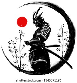 Illustration of a Japanese warrior in an ink circle with a red sun