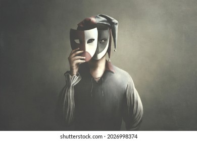 Illustration des Jesterclowns, der sein Gesicht mit theatralischen Masken versteckt, surreales Konzept