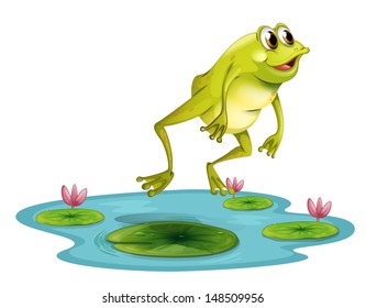 하얀 배경 연못에서 점프하는 개구리 그림