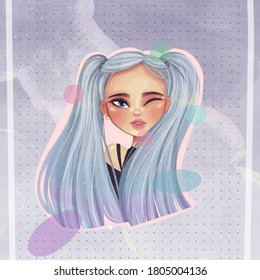 Rosé Illustration. K Pop Girl Illustration. Kawaii Portrait Of Cute Girl. Purple Hair