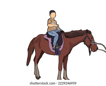 Illustration of A Kid Riding A Brown Horse Isolated with White Background  - Powered by Shutterstock